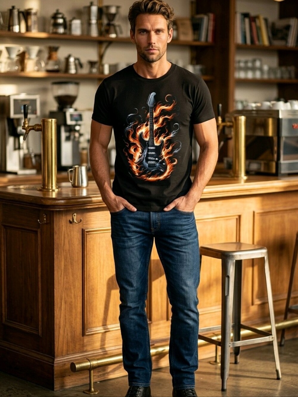 Graphic T-Shirt with Flaming Guitar Print